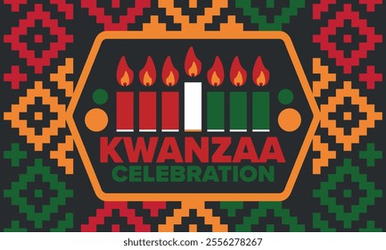 Kwanzaa Happy Celebration. African and African-American culture holiday. Seven days festival, celebrate annual from December 26 to January 1. Black history. Poster, card, banner and background. Vector