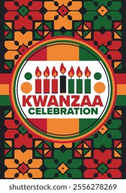 Kwanzaa Happy Celebration. African and African-American culture holiday. Seven days festival, celebrate annual from December 26 to January 1. Black history. Poster, card, banner and background. Vector