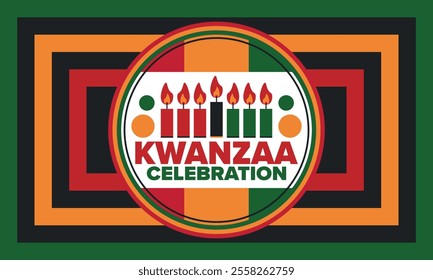 Kwanzaa Happy Celebration. African and African-American culture holiday. Seven days festival, celebrate annual from December 26 to January 1. Black history. Poster, card, banner and background. Vector