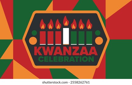 Kwanzaa Happy Celebration. African and African-American culture holiday. Seven days festival, celebrate annual from December 26 to January 1. Black history. Poster, card, banner and background. Vector