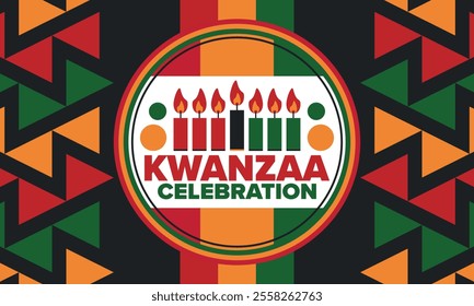 Kwanzaa Happy Celebration. African and African-American culture holiday. Seven days festival, celebrate annual from December 26 to January 1. Black history. Poster, card, banner and background. Vector