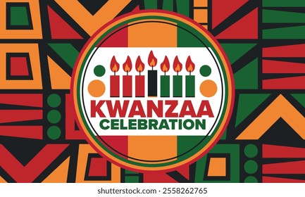 Kwanzaa Happy Celebration. African and African-American culture holiday. Seven days festival, celebrate annual from December 26 to January 1. Black history. Poster, card, banner and background. Vector