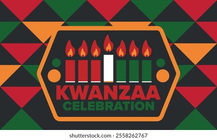 Kwanzaa Happy Celebration. African and African-American culture holiday. Seven days festival, celebrate annual from December 26 to January 1. Black history. Poster, card, banner and background. Vector