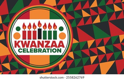 Kwanzaa Happy Celebration. African and African-American culture holiday. Seven days festival, celebrate annual from December 26 to January 1. Black history. Poster, card, banner and background. Vector