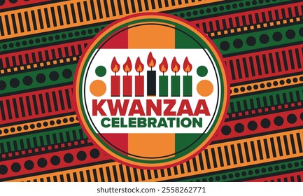 Kwanzaa Happy Celebration. African and African-American culture holiday. Seven days festival, celebrate annual from December 26 to January 1. Black history. Poster, card, banner and background. Vector