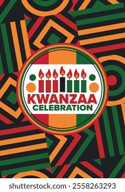 Kwanzaa Happy Celebration. African and African-American culture holiday. Seven days festival, celebrate annual from December 26 to January 1. Black history. Poster, card, banner and background. Vector