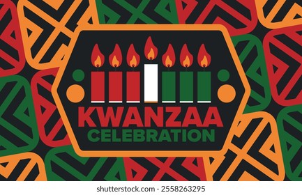 Kwanzaa Happy Celebration. African and African-American culture holiday. Seven days festival, celebrate annual from December 26 to January 1. Black history. Poster, card, banner and background. Vector