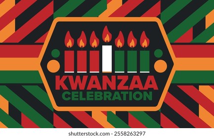 Kwanzaa Happy Celebration. African and African-American culture holiday. Seven days festival, celebrate annual from December 26 to January 1. Black history. Poster, card, banner and background. Vector