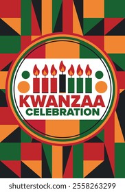 Kwanzaa Happy Celebration. African and African-American culture holiday. Seven days festival, celebrate annual from December 26 to January 1. Black history. Poster, card, banner and background. Vector