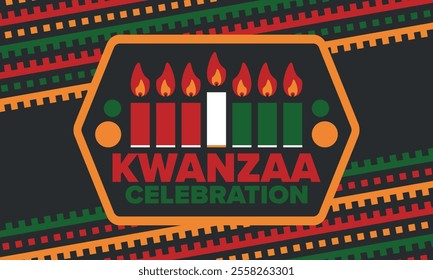 Kwanzaa Happy Celebration. African and African-American culture holiday. Seven days festival, celebrate annual from December 26 to January 1. Black history. Poster, card, banner and background. Vector