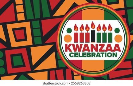 Kwanzaa Happy Celebration. African and African-American culture holiday. Seven days festival, celebrate annual from December 26 to January 1. Black history. Poster, card, banner and background. Vector