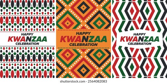 Kwanzaa Happy Celebration. African and African-American culture holiday. Seven days festival, celebrate annual from December 26 to January 1. Black history. Poster, card, banner and background. Vector