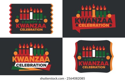 Kwanzaa Happy Celebration. African and African-American culture holiday. Seven days festival, celebrate annual from December 26 to January 1. Black history. Poster, card, banner and background. Vector