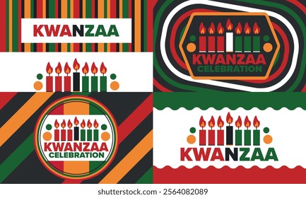 Kwanzaa Happy Celebration. African and African-American culture holiday. Seven days festival, celebrate annual from December 26 to January 1. Black history. Poster, card, banner and background. Vector