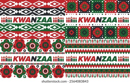 Kwanzaa Happy Celebration. African and African-American culture holiday. Seven days festival, celebrate annual from December 26 to January 1. Black history. Poster, card, banner and background. Vector