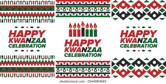 Kwanzaa Happy Celebration. African and African-American culture holiday. Seven days festival, celebrate annual from December 26 to January 1. Black history. Poster, card, banner and background. Vector