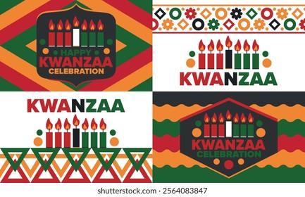 Kwanzaa Happy Celebration. African and African-American culture holiday. Seven days festival, celebrate annual from December 26 to January 1. Black history. Poster, card, banner and background. Vector