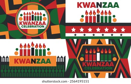 Kwanzaa Happy Celebration. African and African-American culture holiday. Seven days festival, celebrate annual from December 26 to January 1. Black history. Poster, card, banner and background. Vector