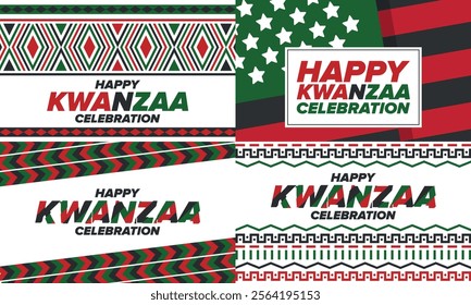 Kwanzaa Happy Celebration. African and African-American culture holiday. Seven days festival, celebrate annual from December 26 to January 1. Black history. Poster, card, banner and background. Vector