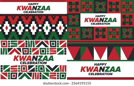 Kwanzaa Happy Celebration. African and African-American culture holiday. Seven days festival, celebrate annual from December 26 to January 1. Black history. Poster, card, banner and background. Vector