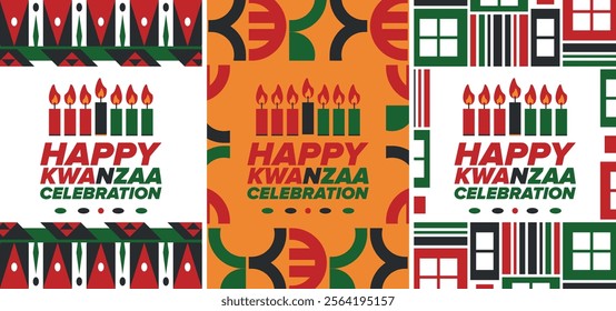 Kwanzaa Happy Celebration. African and African-American culture holiday. Seven days festival, celebrate annual from December 26 to January 1. Black history. Poster, card, banner and background. Vector