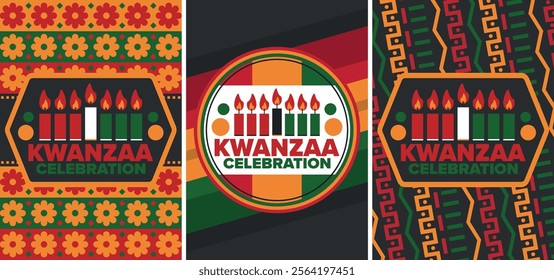 Kwanzaa Happy Celebration. African and African-American culture holiday. Seven days festival, celebrate annual from December 26 to January 1. Black history. Poster, card, banner and background. Vector