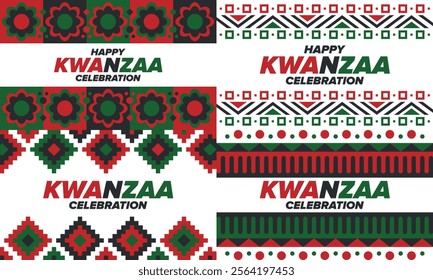 Kwanzaa Happy Celebration. African and African-American culture holiday. Seven days festival, celebrate annual from December 26 to January 1. Black history. Poster, card, banner and background. Vector