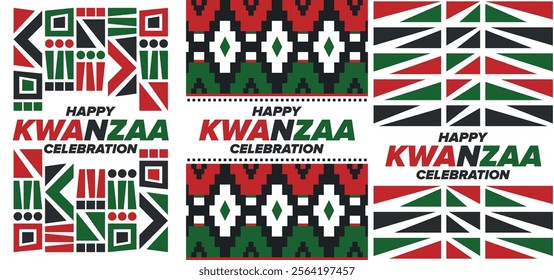 Kwanzaa Happy Celebration. African and African-American culture holiday. Seven days festival, celebrate annual from December 26 to January 1. Black history. Poster, card, banner and background. Vector