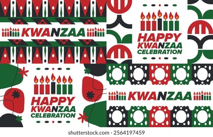 Kwanzaa Happy Celebration. African and African-American culture holiday. Seven days festival, celebrate annual from December 26 to January 1. Black history. Poster, card, banner and background. Vector