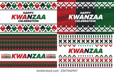 Kwanzaa Happy Celebration. African and African-American culture holiday. Seven days festival, celebrate annual from December 26 to January 1. Black history. Poster, card, banner and background. Vector