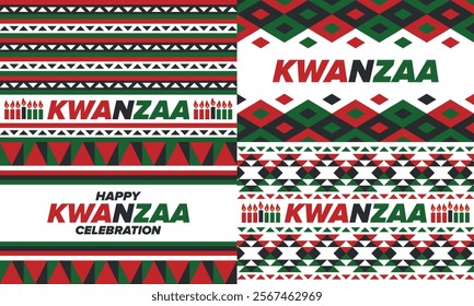 Kwanzaa Happy Celebration. African and African-American culture holiday. Seven days festival, celebrate annual from December 26 to January 1. Black history. Poster, card, banner and background. Vector