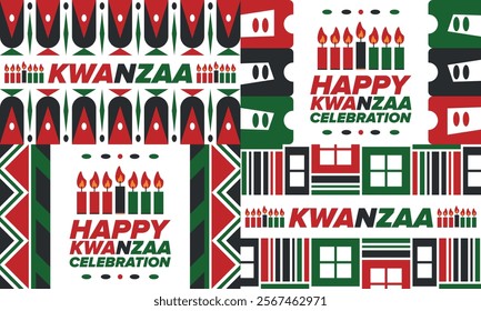 Kwanzaa Happy Celebration. African and African-American culture holiday. Seven days festival, celebrate annual from December 26 to January 1. Black history. Poster, card, banner and background. Vector