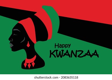 Kwanzaa Happy Celebration. Silhouette of African American woman with headdress. Black history.