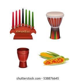 Kwanzaa holiday celebrations 4 basic cultural symbols square composition with corn and candle holder isolated vector illustration