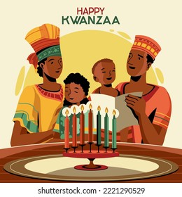 Kwanzaa holiday concept with decorate seven candles and family gathering