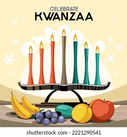 Kwanzaa holiday concept with decorate seven candles and fruit