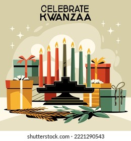 Kwanzaa holiday concept with decorate seven candles and gift