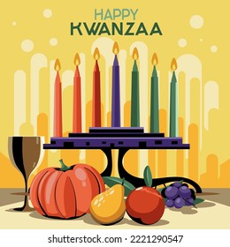 El concepto de vacaciones de Kwanzaa con siete velas y fruta