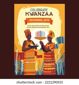 Kwanzaa holiday concept with Woman carrying decorate seven candles and fruit