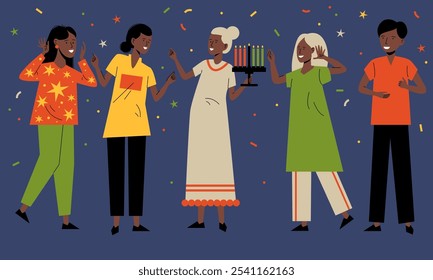 Projeto de férias Kwanzaa. Família feliz celebrando o Festival Kwanzaa. Pessoas do Kwanzaa com kinara. Feliz feriado no Kwanzaa. Cartão comemorativo com pessoas felizes