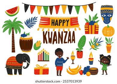 El mega festival de vacaciones de Kwanzaa establece Elementos en un Diseño gráfico plano. Objetos de colección de palma de árbol, niño y niña africanos, elefante, tambor, máscara tribal, vela, regalo, frutas, otros. Ilustración vectorial.