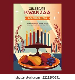 Kwanzaa holiday poster concept with decorate seven candles and fruit