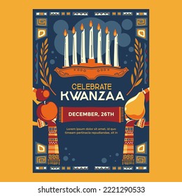 Kwanzaa holiday poster concept with decorate seven candles and fruit