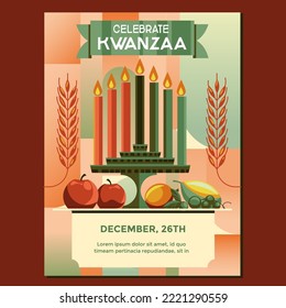 Kwanzaa holiday poster concept with decorate seven candles and fruit