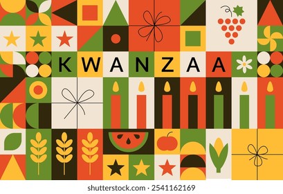 Kwanzaa holiday red, green, black candles, fruits, flowers, gift boxes. Holiday celebration. African design