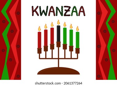 Kwanzaa holiday. Seven candles in candle holder. Kwanzaa symbol isolated. African ornament decor. Vector poster illustration.