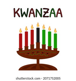 Kwanzaa Holiday Symbol Isolated. Seven Candles In Candle Holder. African Ornament Decor. Vector Poster Illustration.
