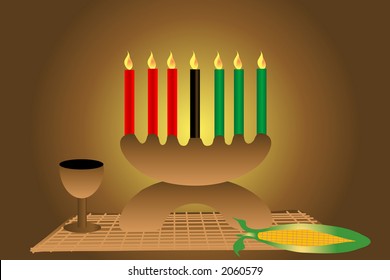 Kwanzaa Illustration Including Woven Mat,cup,corn And Candelabra With Lit Candles. Easily Editable And Scalable Vector Format.