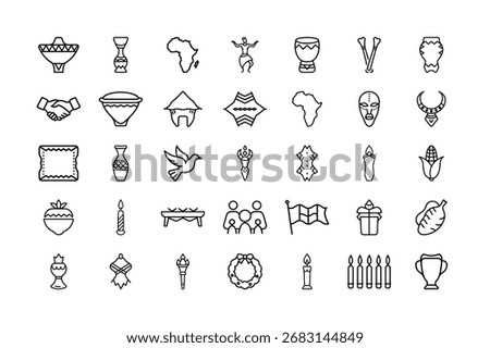 Kwanzaa Line Art Icon Set with Kinara Candles, Unity Cup, African Basket, Tribal Drum, Flag and Traditional Symbols for Holiday, Cultural, Heritage and Celebration Graphic Design.