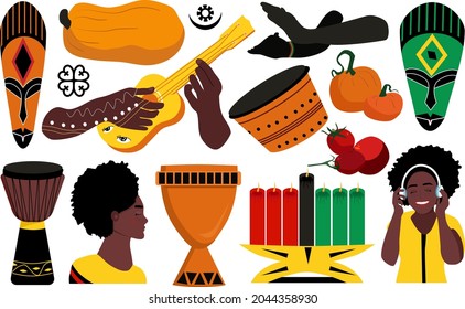 Kwanzaa objects,symbols and ideas set. Festival of African-American culture and harvest traditions,signs, heritage.Seven candles kinara and lighting ceremony (Mishuma Saba).Unity cup and mask.Celebrat